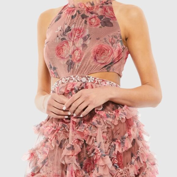 NWT| Mac Duggal 9153 Pink Roses Ruffled Cut Out Halter Mini Dress Size‎ 0 - Picture 5 of 12